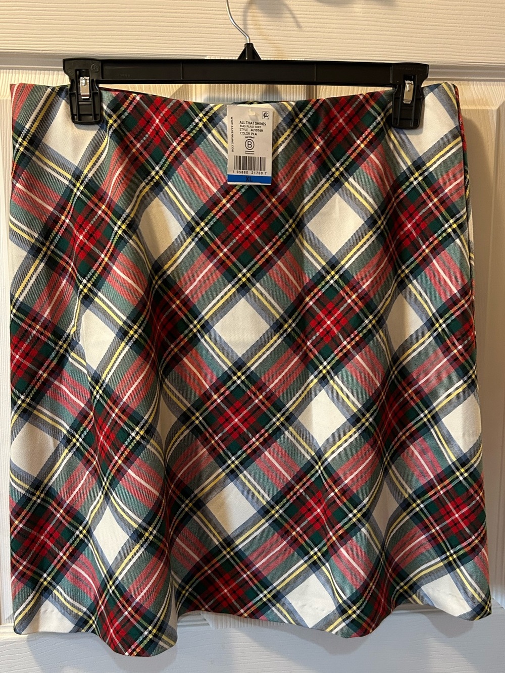 Karen Kane XL Red, Green & Cream Plaid Skirt All That Shines Bias Plaid NWT